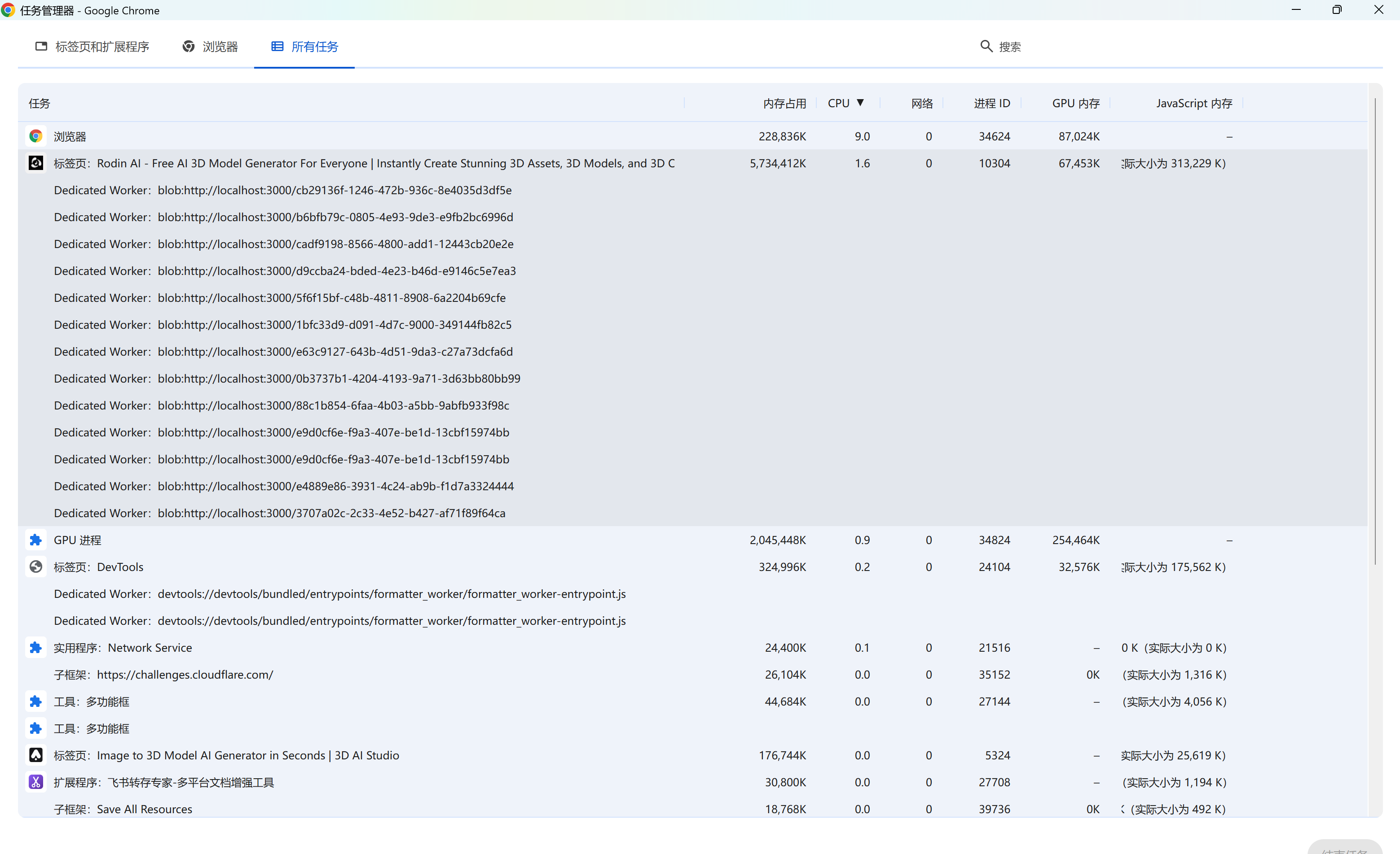 Chrome Task Manager 中大量 blob Dedicated Worker